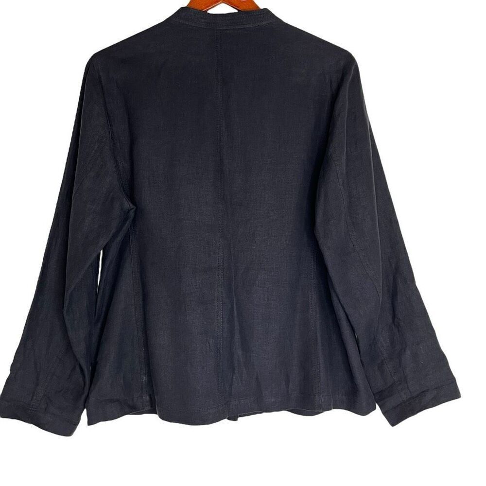 Eileen Fisher Womens Linen Mandarin Collar Button Front Coat Navy Blue Medium - Picture 2 of 15
